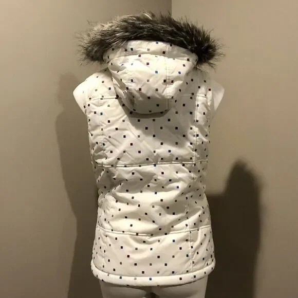 Burton Dryride Puffer Vest Small Cream Hooded Faux Fur Trim Zip Snap Pockets - Picture 6 of 12